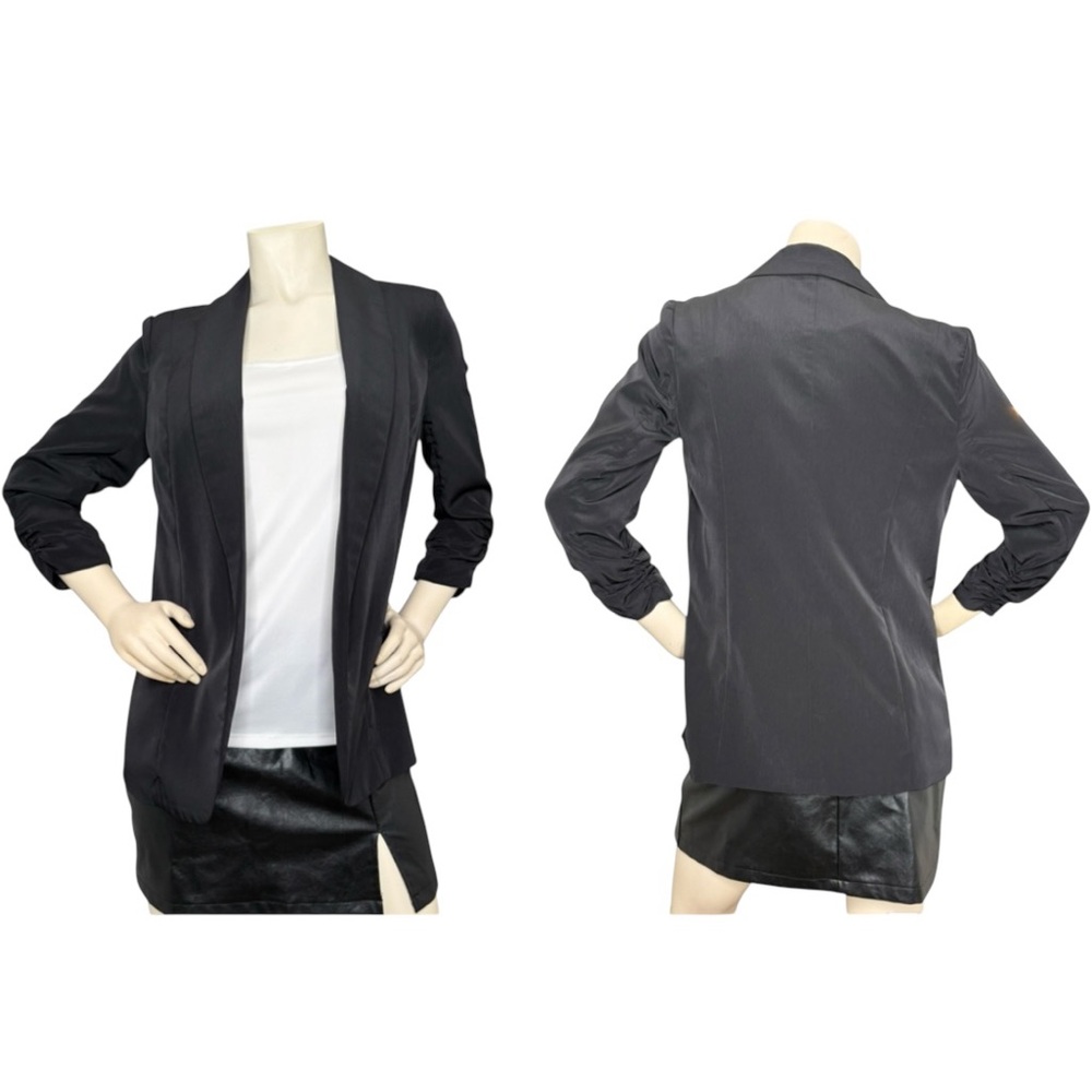 ALFANI Black Shiny Open Front Business Casual 3/4 Ruched Sleeves Blazer, S